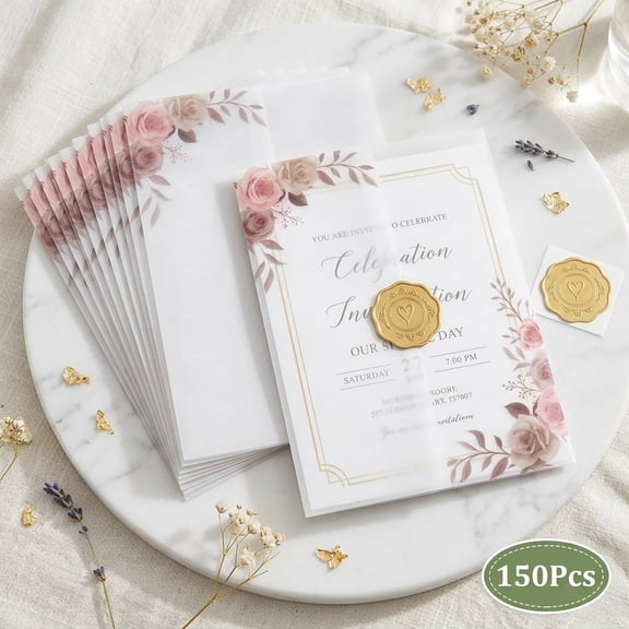 Atopoler 150 Pcs Pre Folded Vellum Jacket Set,Printed Translucent Vellum Paper Invitation Wrap for 5 x 7 Wedding Baby Shower Birthday,Style 3