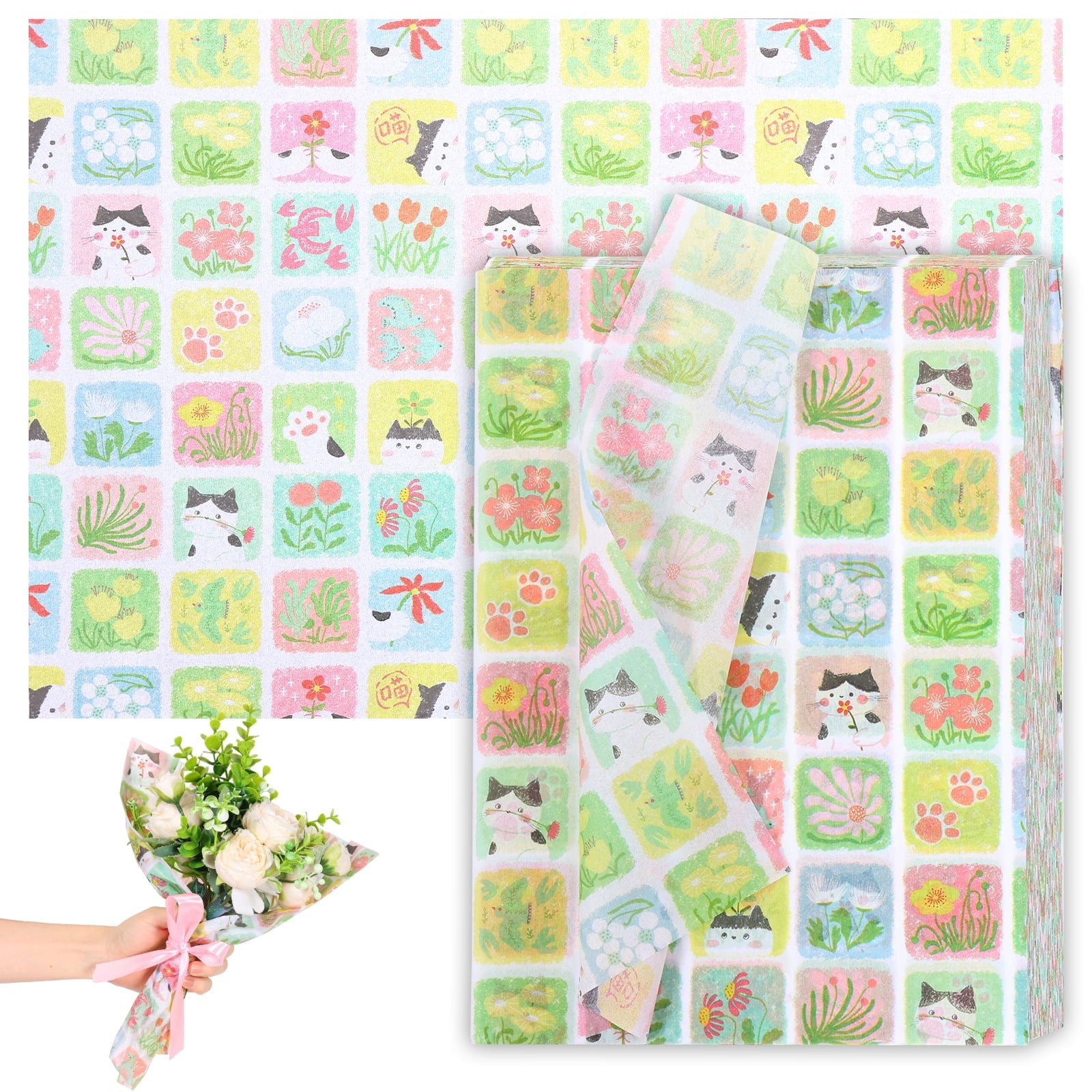 Atopoler 200 Sheet Cartoon Tissue Paper,Cute Animal Floral Preasent Wrap Tissue Paper for Wrapping Crafting Packing,20 x 14 inches,Green Color