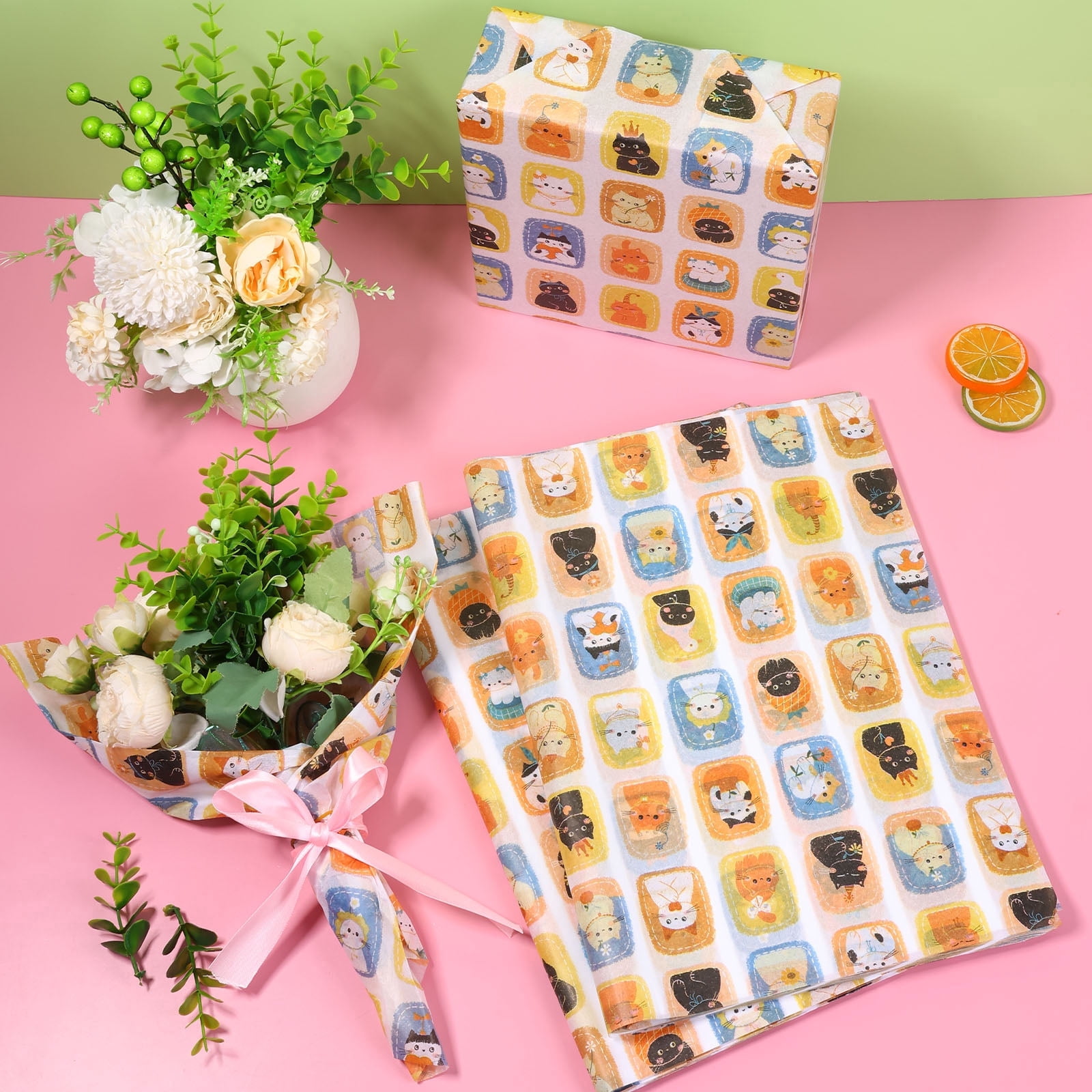 Atopoler 200 Sheet Cartoon Tissue Paper,Cute Animal Floral Preasent Wrap Tissue Paper for Wrapping Crafting Packing,20 x 14 inches,Orange Color