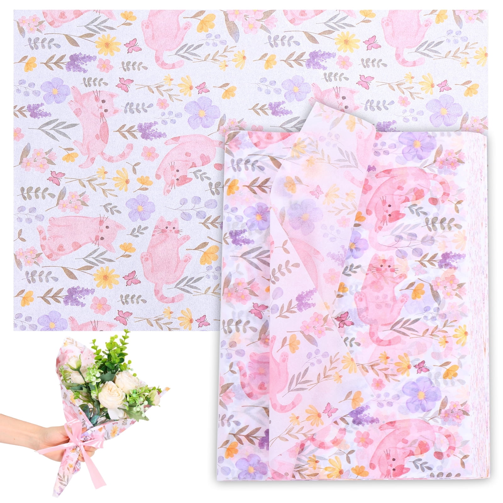 Atopoler 200 Sheet Cartoon Tissue Paper,Cute Animal Floral Preasent Wrap Tissue Paper for Wrapping Crafting Packing,20 x 14 inches,Pink Color