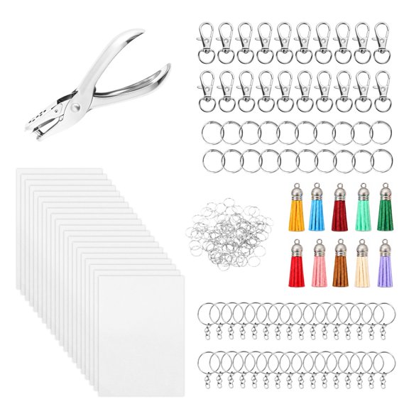 221 Pcs Shrink Film Set,Diy Shrink Paper Keychain Set with Open Ring Hole Punch Keychains Tassels for Key Ring Earring Craft