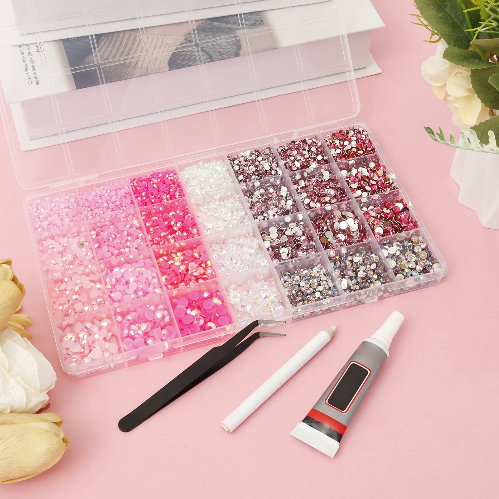 Atopoler 28 Type Pink Rhinestone Bedazzling Kit,11760 Pcs Resin Rhinestone with Glue Tweezers Pickup Pen,Gems Diamonds for Bottle Phone Makeup