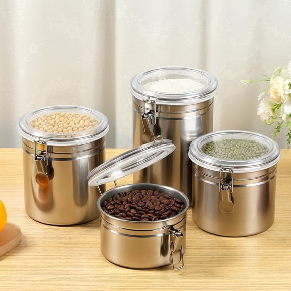 Atopoler 4 Pcs Kitchen Canister,Stainless Steel Airtight Food Storage with Clear Lid,Multiple Sizes Container for Flour Coffee Beans Tea Sugar