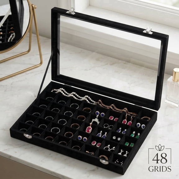 48 Grid Jewelry Tray with Glass Lid,Flat Jewelry Organizer Box for Earrings Rings Studs,Vanity Drawer Storage Insert,Black Color
