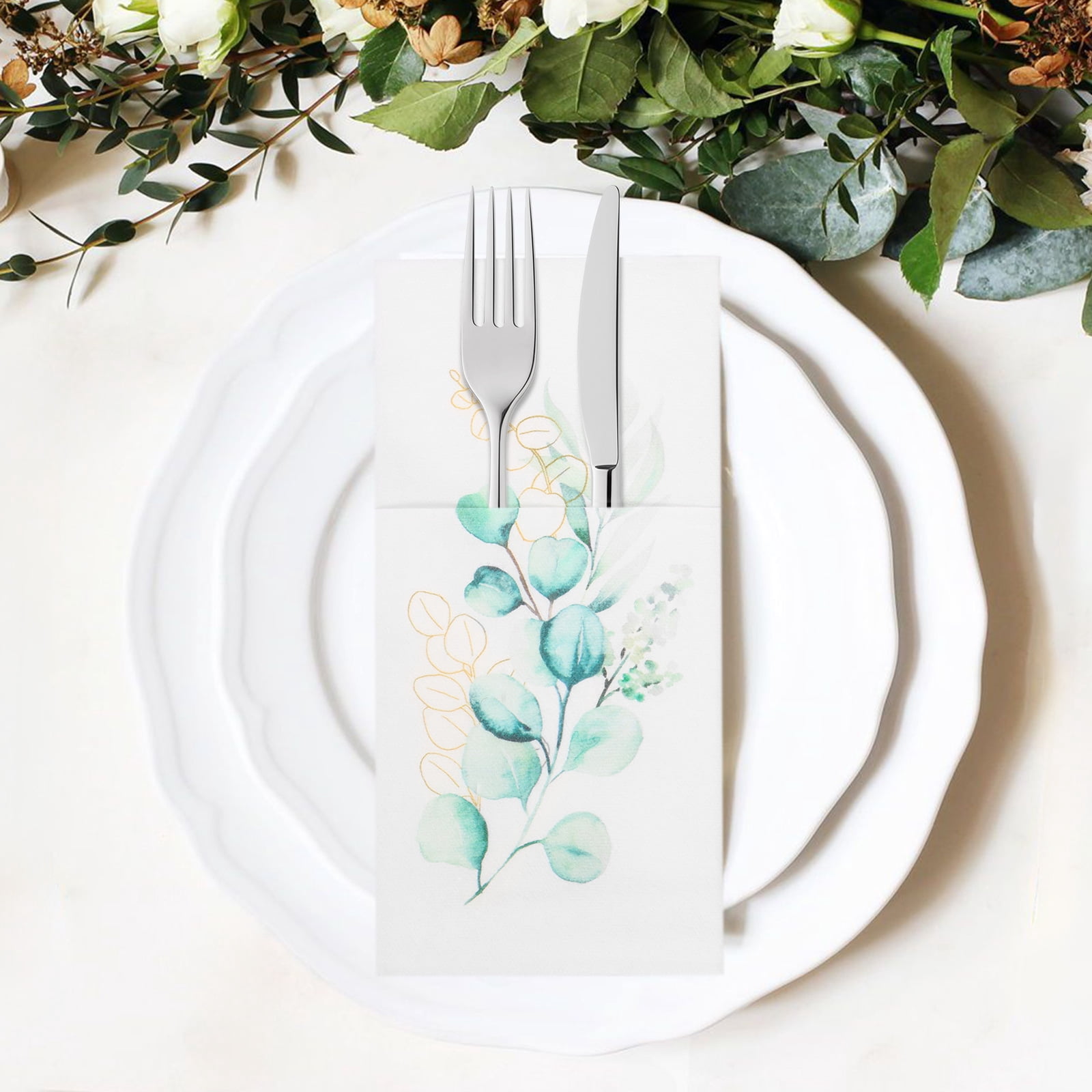 Atopoler 50Pcs Flower Pattern Paper Napkins,Safe Multipurpose Linen Feel Napkins with Flatware Pocket for Wedding Baby Shower Birthday Party,Style 1