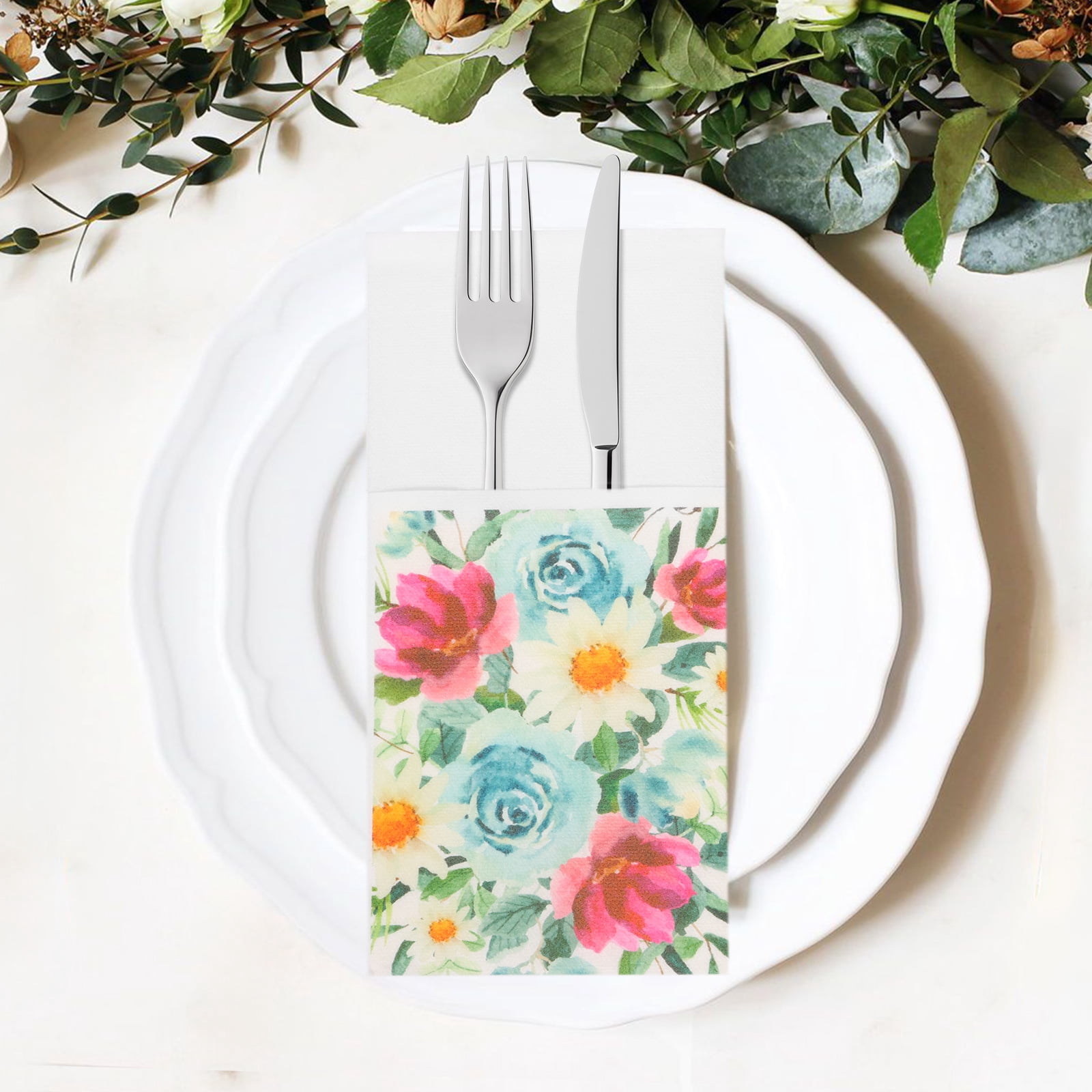 Atopoler 50Pcs Flower Pattern Paper Napkins,Safe Multipurpose Linen Feel Napkins with Flatware Pocket for Wedding Baby Shower Birthday Party,Style 3