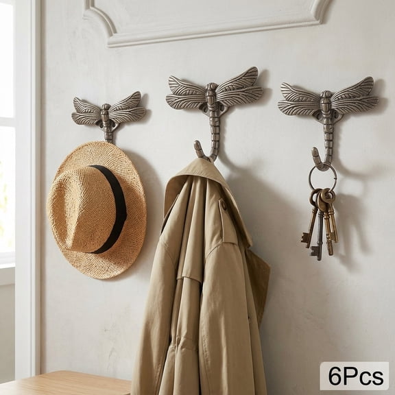 Atopoler 6 Pcs Dragonfly Hook,Wall Mounted Coat Rack Heavy Zinc Alloy Decorative Hook for Towel Robe Clothes Hat Bag Key,4.52 x 3.14 inches