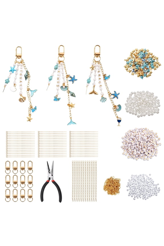 776 Pcs Keychain Making Kit,Sea Themed Alphabet Beads Custom Keychains with Tools for Crafting Jewelry Making,Blue Color