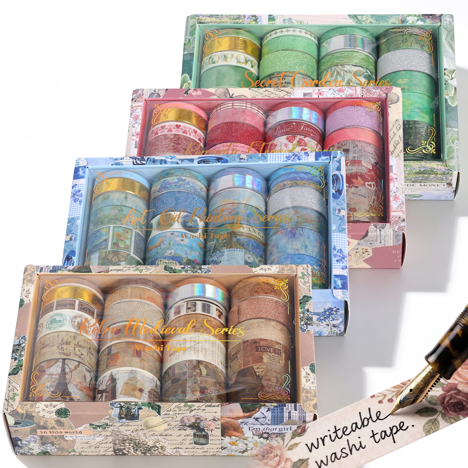 Atopoler 96 Roll Vintage Washi Tape Set,4 Theme Medieval Oil Painting Romantic and Garden Decorative Tape,5/10/15/20/30mm Wide 2m Long