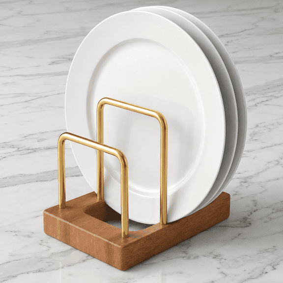 Gold Cutting Board Organizer with Wood Base, Metal Pot Lid Holder with 2 Slot for Kitchen Countertop Storage,6.22 x 4.08 inches