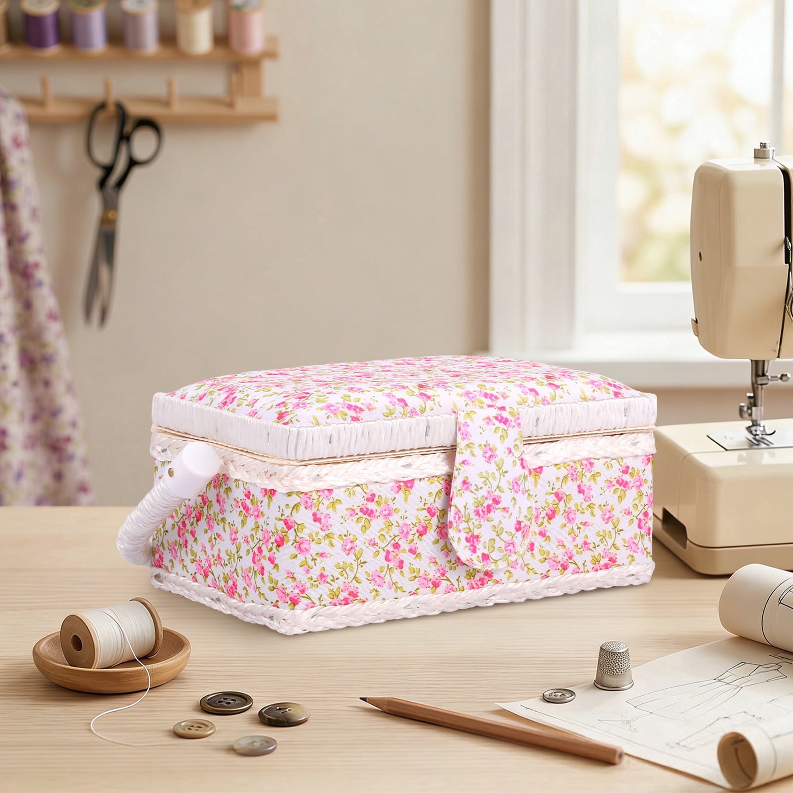 Atopoler Floral Sewing Basket,Vintage Wood Sewing Box with Tray and Handle for Traveling Beginner Professional,No Accessories,Pink Color
