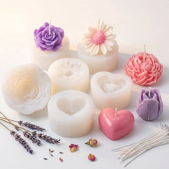 Atopoler Flower Candle Mold,Silicone Flower Mold with 20 Pieces Candlewick,for Candle Making Valentine Mother Day,6 Pcs