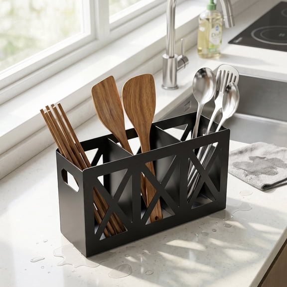 Lzvxtym 3 Compartment Kitchen Utensil Holder,Carbon Steel Black Silverware Caddy with Non Slip Base for Countertop Flatware Organizer