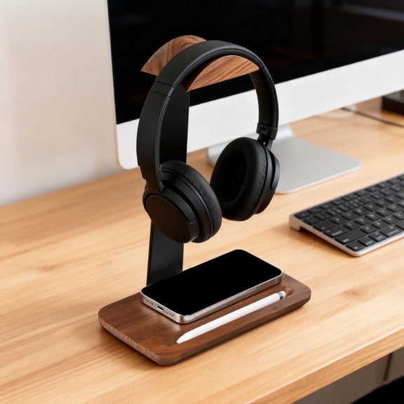 Walnut Wood Headphone Stand with Storage Base,Headset Holder for Desk Office and Gaming Setup,8.46 x 4.33 x 10.23 inches