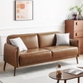 thumbnail image 1 of Atopston 67" Faux Leather Loveseat, Mid Century Modern 2 Seater Couch with Thick Cushion and 2x Throw Pillows, Upholstered Leather Sofa with Deep Seat for Compact Apartment Loft and Office, Tan, 1 of 5