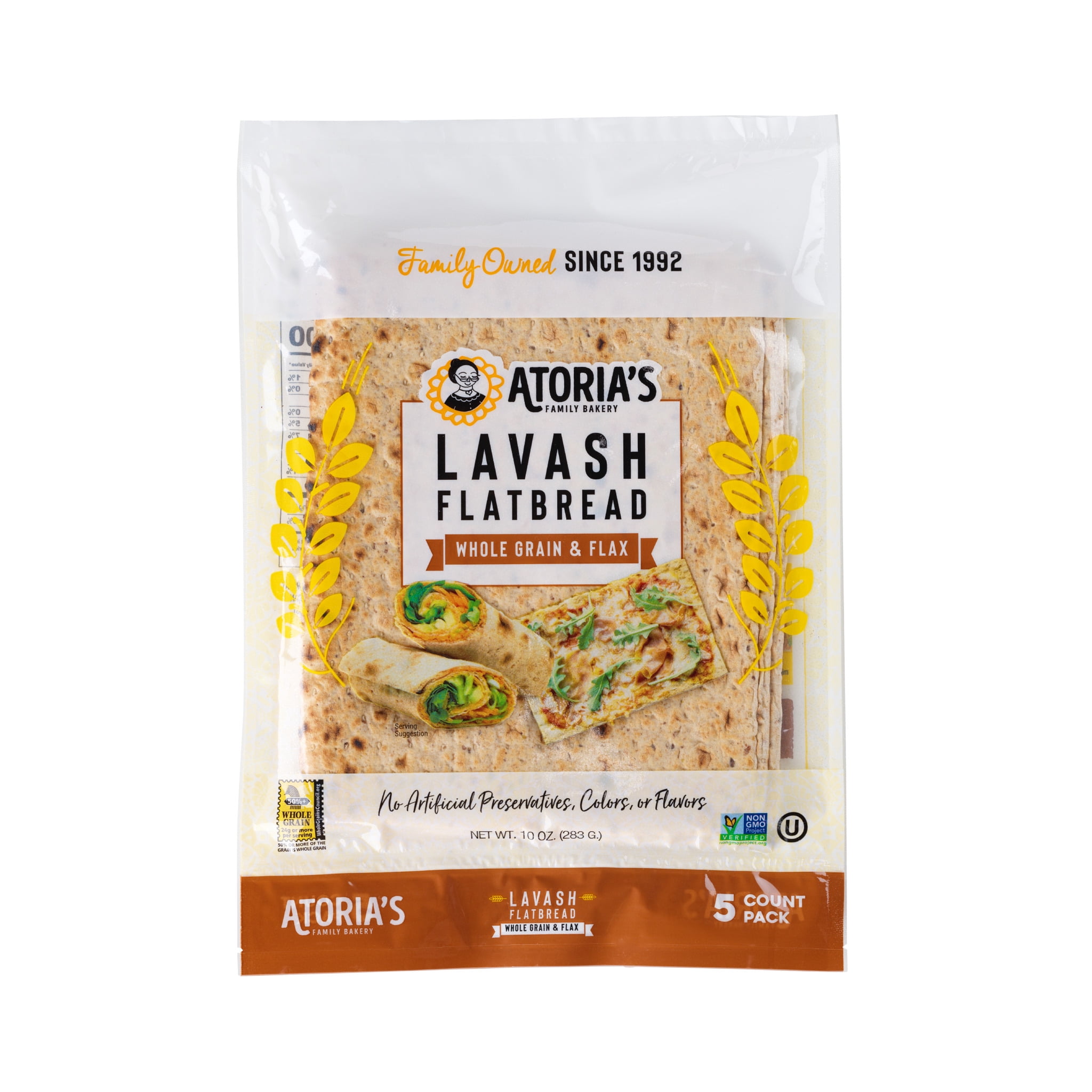 Atoria's Family Bakery Lavash with Whole Grain & Flax Flatbread 10-Packs of 5 Flatbread (50 Flatbread)
