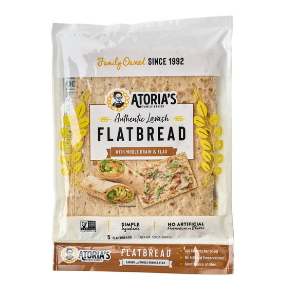 Atoria's Family Bakery Lavash with Whole Grain & Flax Flatbread 10-Packs of 5 Sheets (50 Sheets)