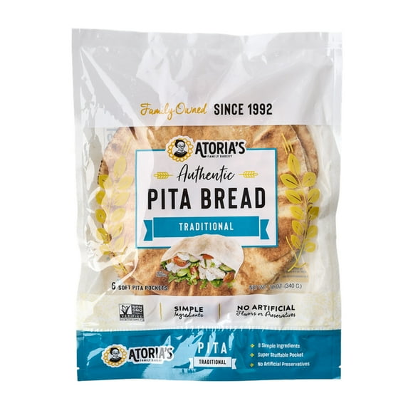Atoria's Family Bakery Traditional Pita | Non-GMO, Vegan (8 Pack, 48 Flatbreads Total)