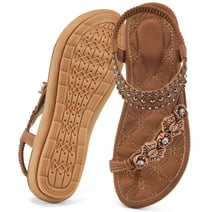 Atoshopce Summer Womens Flat Sandals Bohemian Beach Thong Sandals Lightbrown 7.5