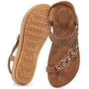 Atoshopce Summer Womens Flat Sandals Bohemian Beach Thong Sandals Lightbrown 8