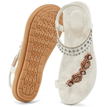 Atoshopce Summer Womens Flat Sandals Bohemian Beach Thong Sandals White 7.5