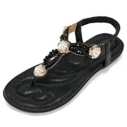 Atoshopce Women Summer Flat Sandals with Ankle Strap Fashion Bohemian Pearl Sandals