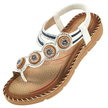 Atoshopce Womens Flat Sandals Summer Bohemian Beaded Flats Shoes Comfortable Ankle Elastic Strap Toe Ring Sandal
