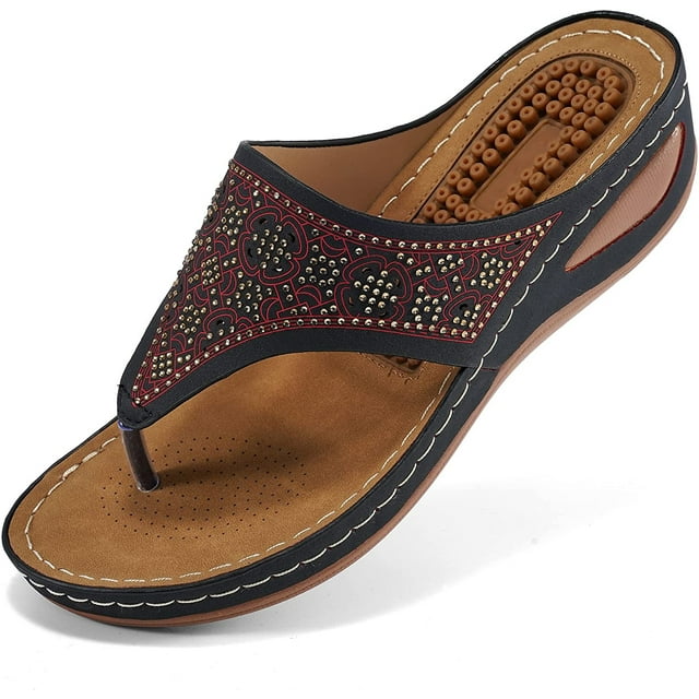 Atoshopce Womens Sandals Flip Flops for Women with Arch Support Cushion Summer Casual Rhinestone Massage Wedge Sandal