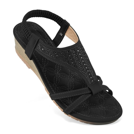 Atoshopce Womens Wedge Sandals Low Heel Dressy Summer Elastic Ankle Strap Shoes Comfortable Women Sandal