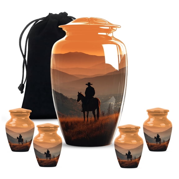 Atrikta Cowboy Urns For Adult Human Ashes - Keepsake Western Urns for Human Ashes Adult Man - Mountains Funeral Ash Holder - Large Urn with Cowboy ( Size-10inch 1pc, 3inch 4pc )