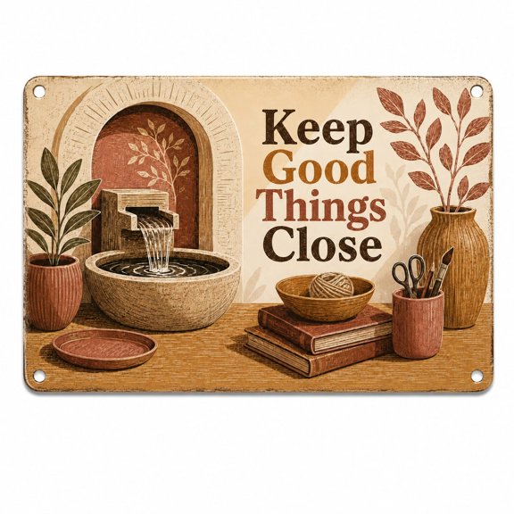 Atrium Fountain Tabletop Metal Sign for Home Graphic Farmhouse