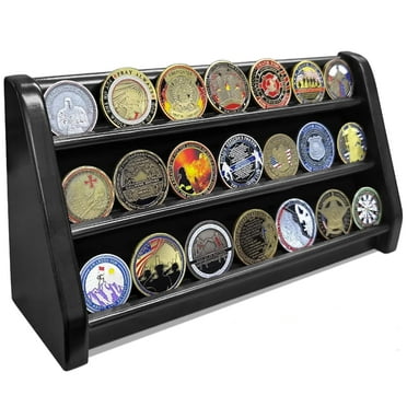 Atsknsk 3 Rows Military Challenge Coin Display Case Wall Mount Wooden Army Coin Holder Stand Rack, Holds 21-24 Coins, Black