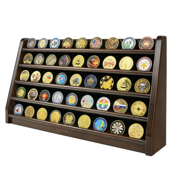 Atsknsk Challenge Coin Display Case, 5 Rows Military Wooden Holder Stand Holds 45 Coins for Wall or Desk Display, Coin Rack for Coin Collection