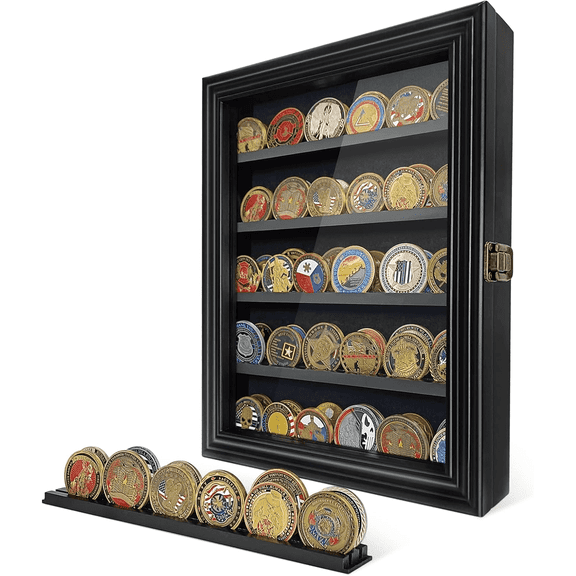 Atsknsk Military Challenge Coin Display Case with HD Tempered Glass - 5 Rows Medal Display Case Cabinet Rack Shadow Box with Removable 2 Grooves Shelves Poker Chips Coin Holder for Collectors, Black