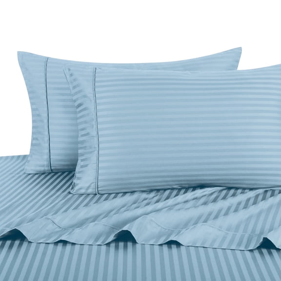 Attached Waterbed Sheets 100% Cotton 300 Thread Count Damask Striped- Super Single - Blue