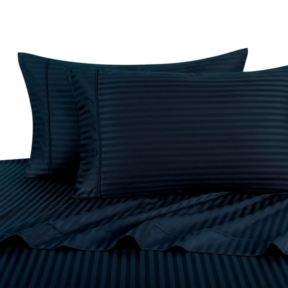 Attached Waterbed Sheets 100% Cotton 300 Thread Count Damask Striped- Super Single - Navy