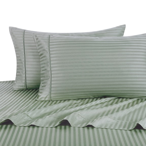 Attached Waterbed Sheets 100% Cotton 300 Thread Count Damask Striped- Super Single - Sage
