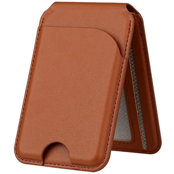 Phone Wallet Stand,with Attachment Force,Leather Card Holder with Transparent ID Window,Hands Free Stand,Strong Attachment Force,Brown
