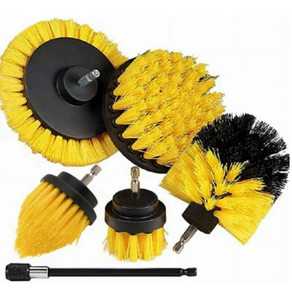 Attachment Set Power Scrubber Brush with 1Pcs Extend Long Attachment, Drill Scrub Brush for Cleaning,B,6 x Electric drill brush accessories,Yellow