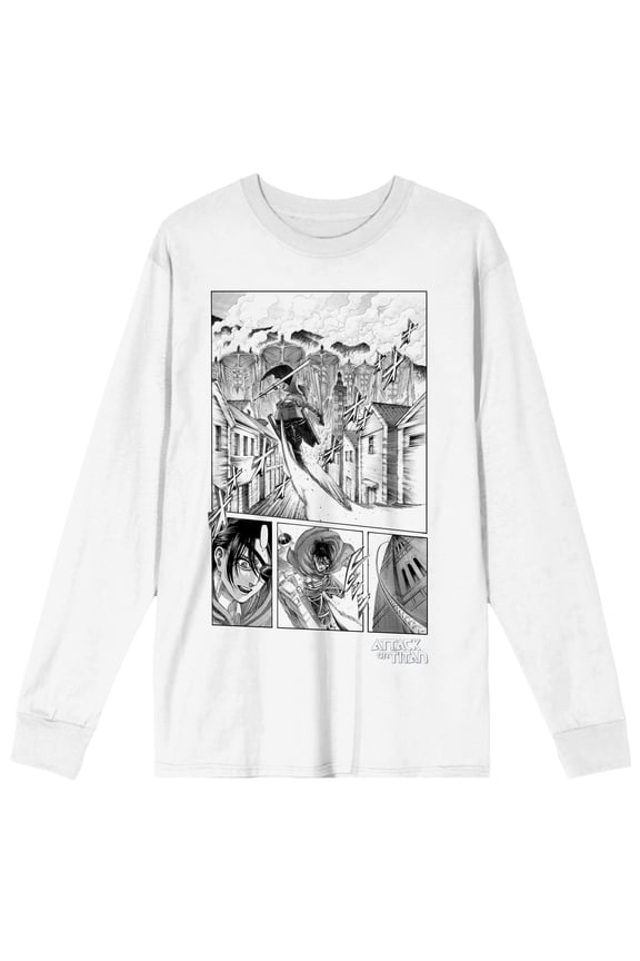 Attack On Titan Action Sketch Of A Titan Eating A Human Men's White Long Sleeve Tee-Medium