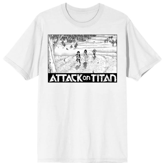 Attack On Titan Characters Running To Tree Crew Neck Short Sleeve Adult White T-shirt-Medium