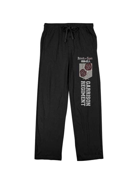 Attack On Titan Men's Garrison Regiment Text & Logo Black Sleep Pajama Pants-Small