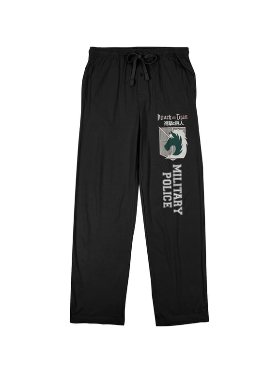 Attack On Titan Men's Military Police Text & Symbol Black Sleep Pajama Pants-Small