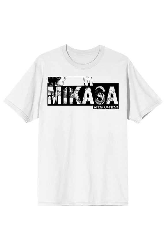 Attack On Titan Mikasa Logo Text Adult White Crew Neck Short Sleeve T-shirt
-Large