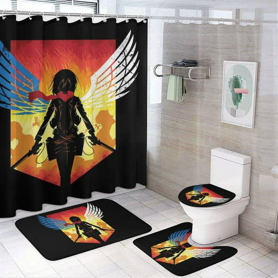 Attack On Titan Shower Curtain Set 4 Piece, Set Bathroom Sets with Rugs(Bath Mat,U Shape Mat Toilet Lid Cover Mat) Durable Bathroom Decor
