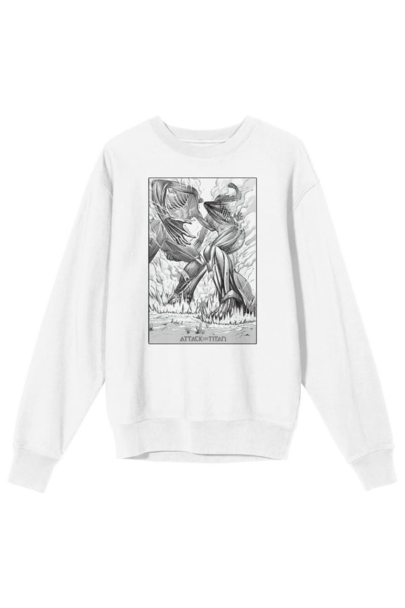 Attack On Titan Two Titans Fighting Adult White Crew Neck Sweatshirt-3XL