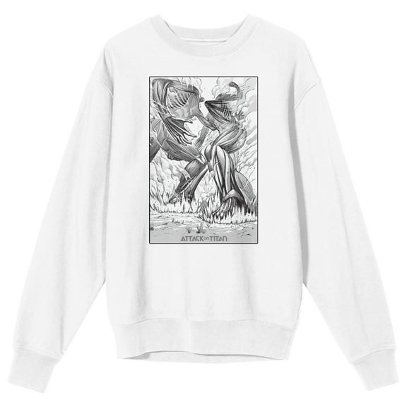 Attack On Titan Two Titans Fighting Adult White Crew Neck Sweatshirt-Small