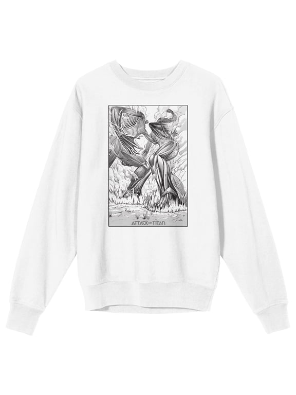 Attack On Titan Two Titans Fighting Adult White Crew Neck Sweatshirt-Small