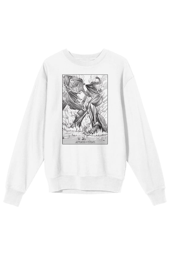 Attack On Titan Two Titans Fighting Adult White Crew Neck Sweatshirt-XXL