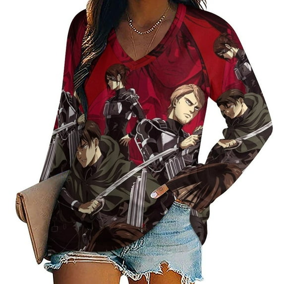 Attack On Titan Womens T Shirts V Neck Long Sleeve Tops Causal Loose Summer T-Shirts 2XL